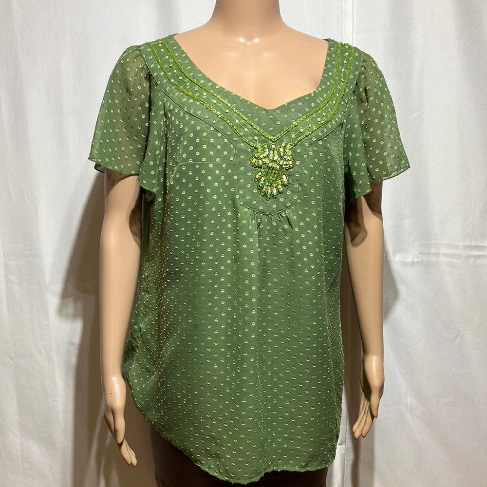 Dressbarn Green Flutter Sleeve Embellished Blouse